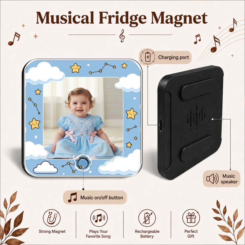 Personalized Baby Photo Musical Fridge Magnet with Custom Photo and Any Favorite Song Birthday Gift for Baby Girl for Daughter & Son
